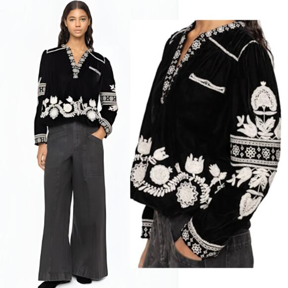 NWT Sea New York Irene Embroidered Velvet Long Sleeve Top Black Size: Large - Picture 1 of 8